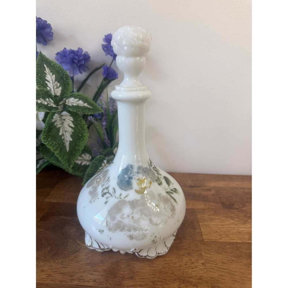 Vintage Victorian Milk Glass Floral‎ Painted Decanter Bottle Antique Collectible